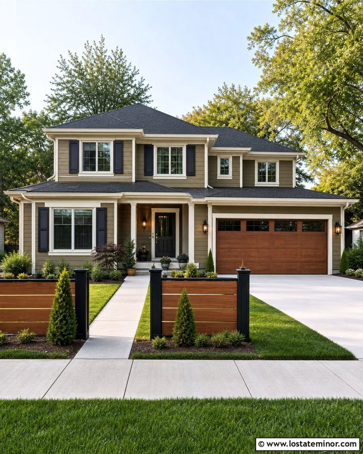 Tan Suburban House With Composite Fence - 30 Tan House Design With Fence Ideas