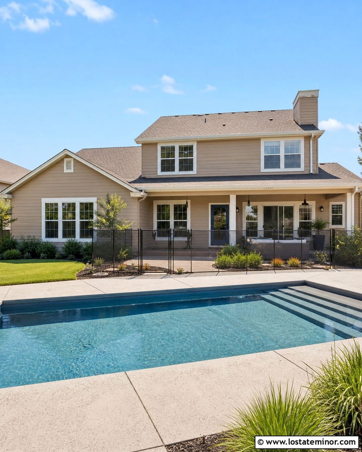 Tan Suburban House With Family Pool - 30 Tan House Design With Swimming Pool Ideas