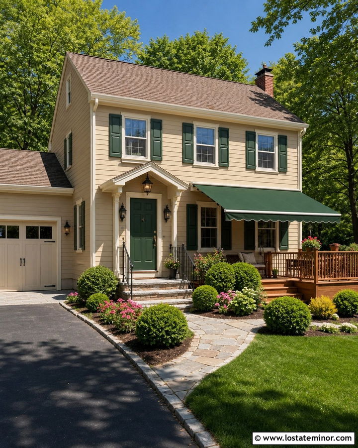 Tan Suburban House With Green Retractable Awning - 30 Tan House Design With Awning Ideas