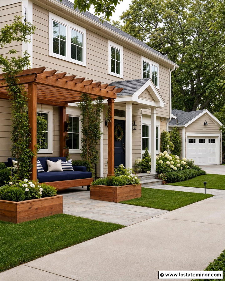 Tan Suburban House With Pergola Daybed - 30 Tan House Design With Daybed Ideas
