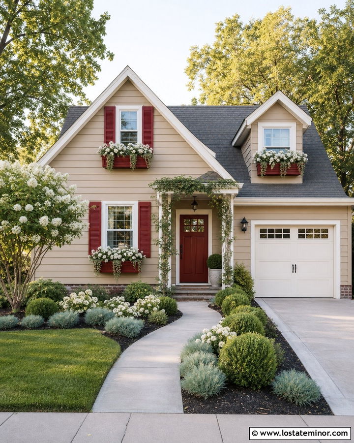 Tan Suburban House With Red Window Boxes - 30 Tan House Design With Window Boxes Ideas
