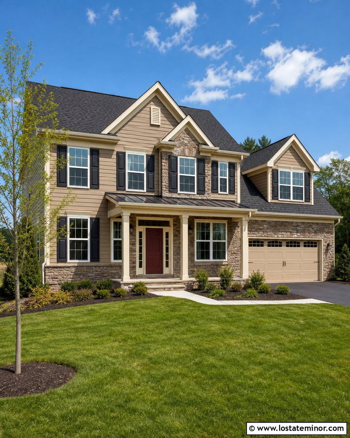 Tan Suburban House With Two Tone Shingles - 30 Tan House Design With Shingles Ideas