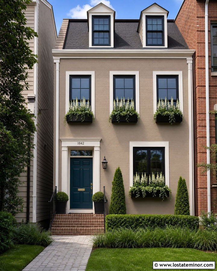 Tan Townhouse With Compact Window Boxes - 30 Tan House Design With Window Boxes Ideas
