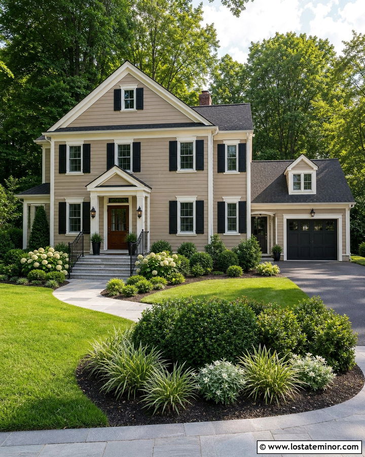 Tan Traditional House With Black Louvered Shutters - 30 Tan House Design With Shutters Ideas