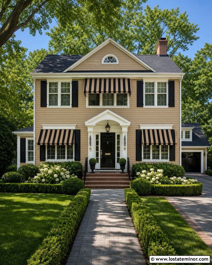 Tan Traditional House With Black Striped Awnings - 30 Tan House Design With Awning Ideas
