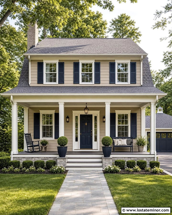 Tan Traditional House With Greige Porch Ceiling - 30 Tan House Design With Porch Ceiling Ideas
