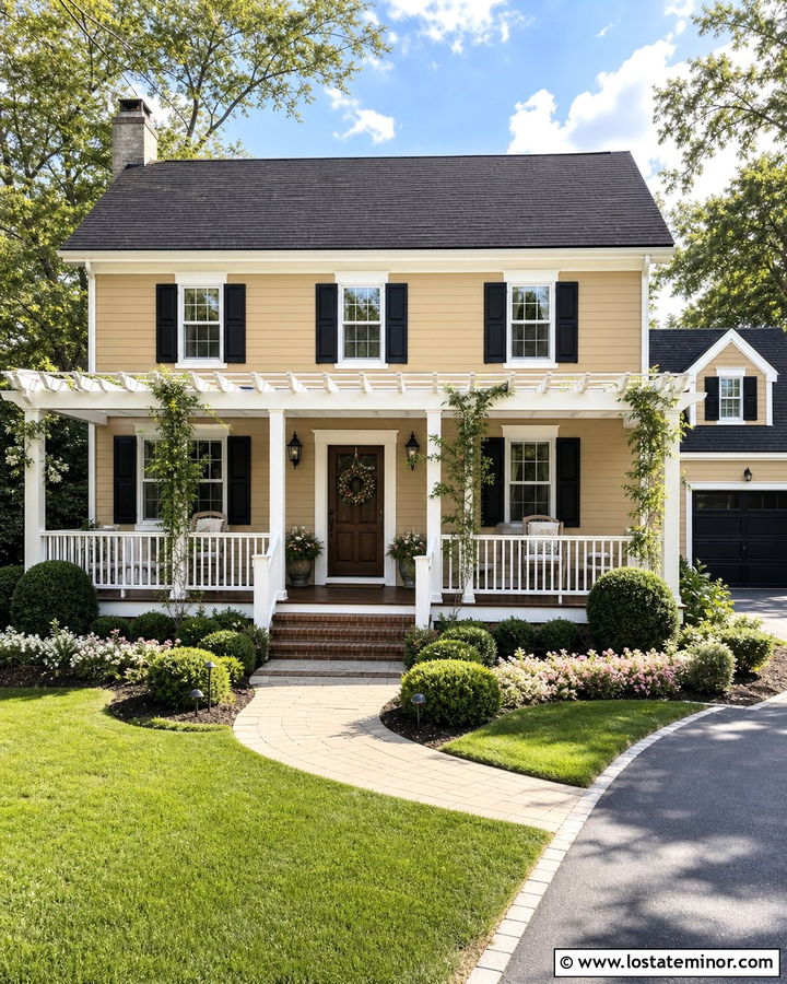Tan Traditional House With Pergola Deck - 30 Tan House Design With Deck Ideas