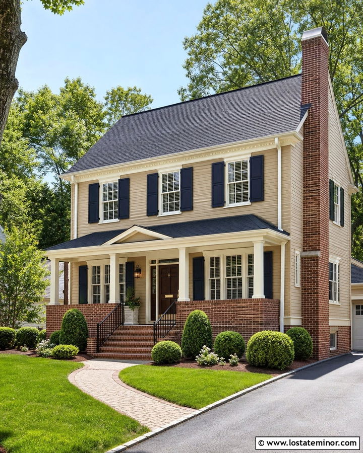 Tan Traditional House With Side Brick Chimney - 30 Tan House Design With Chimney Ideas