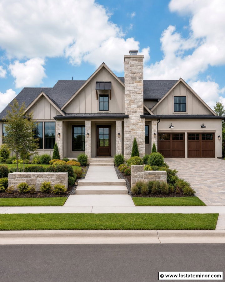 Tan Transitional House With Mixed Siding Chimney - 30 Tan House Design With Chimney Ideas