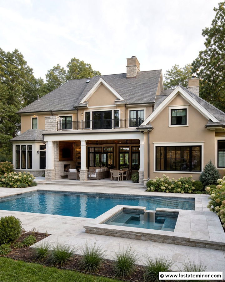 Tan Transitional House With Pool And Spa - 30 Tan House Design With Swimming Pool Ideas