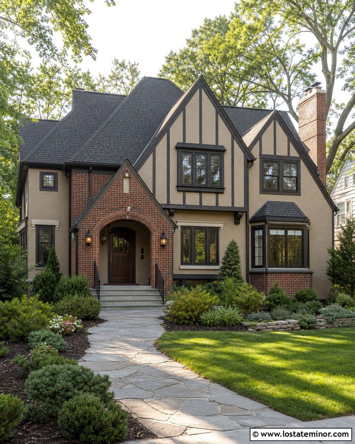 Tan Tudor House With Brick Front Porch - 30 Tan House Design With Front Porch Ideas