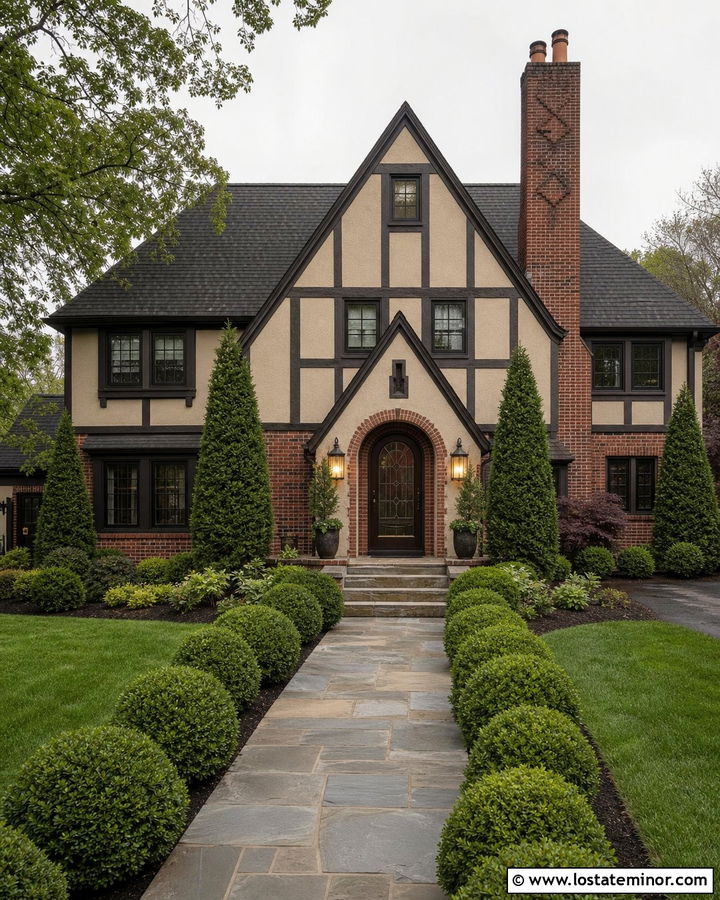 Tan Tudor House With Bronze Full Glass Storm Door - 30 Tan House Design With Storm Door Ideas