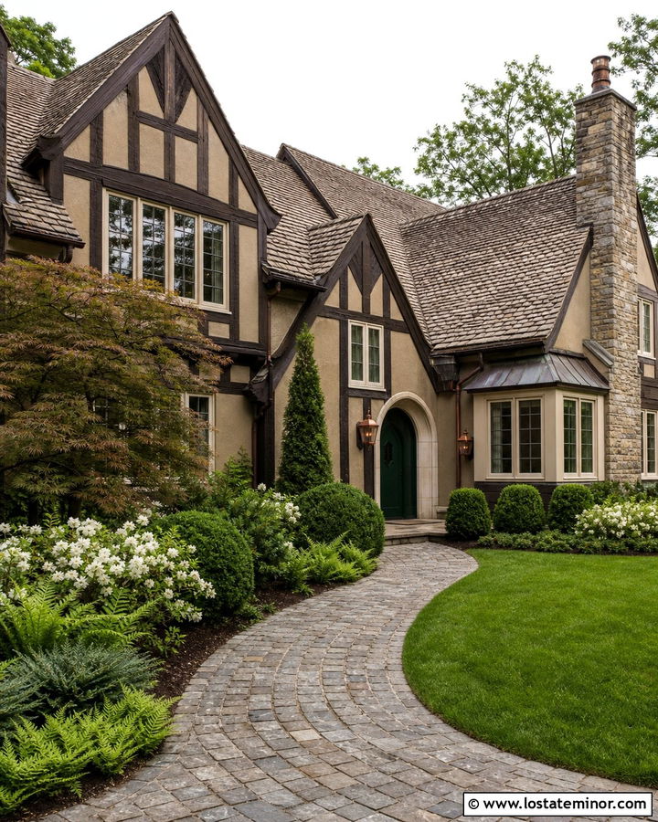 Tan Tudor House With Cobblestone Walkway - 30 Tan House Design With Walkway Ideas