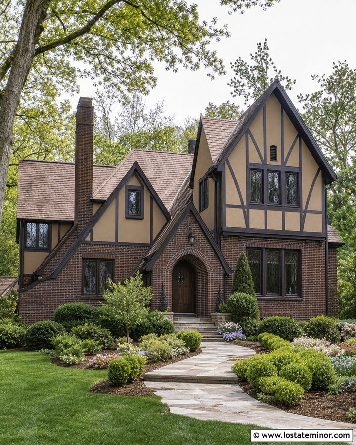 Tan Tudor House With Dark Brick Accents - 30 Tan House Design With Brick Accents Ideas