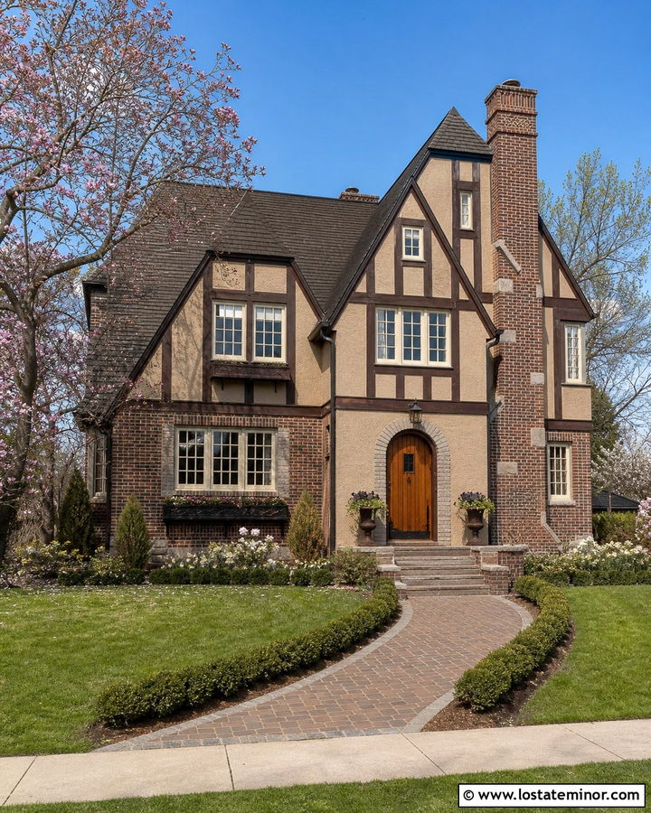 Tan Tudor House With Dark Brick Wainscoting - 30 Tan House Design With Wainscoting Ideas
