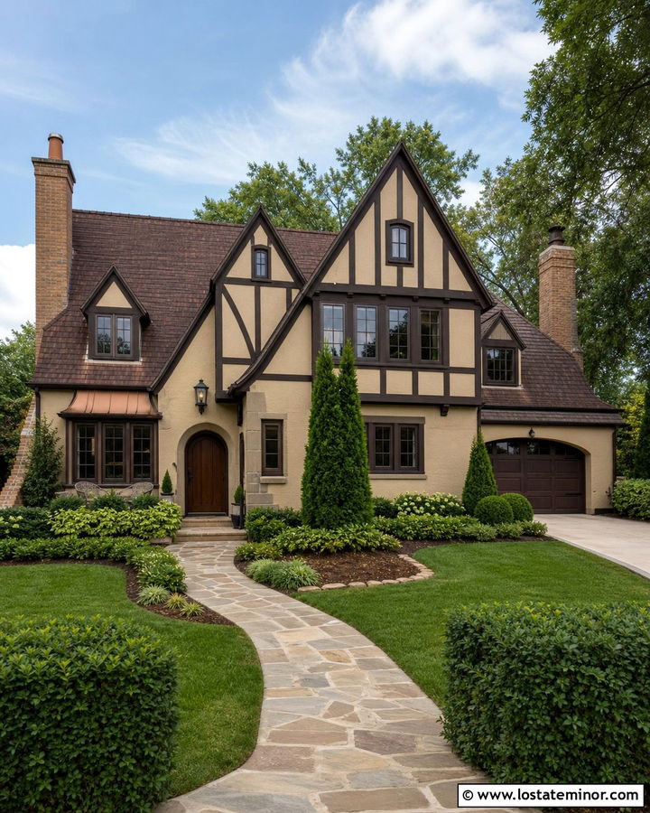 Tan Tudor House With Dark Brown Shingles - 30 Tan House Design With Shingles Ideas