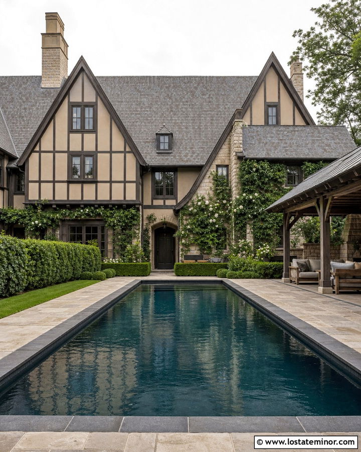 Tan Tudor House With Dark Pool Coping - 30 Tan House Design With Swimming Pool Ideas