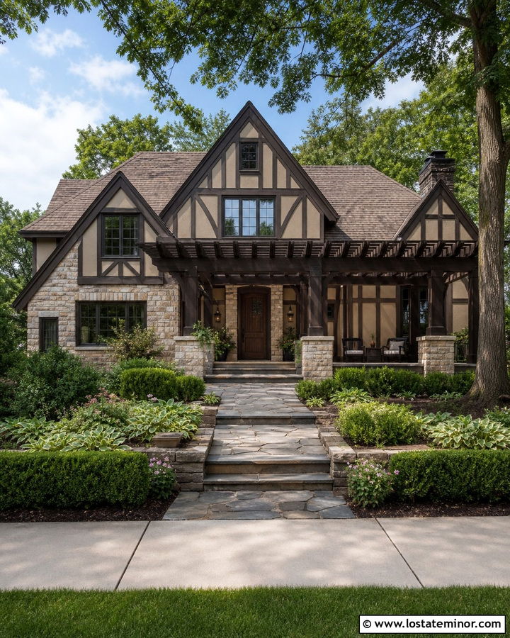 Tan Tudor House With Dark Timber Pergola - 30 Tan House Design With Pergola Ideas
