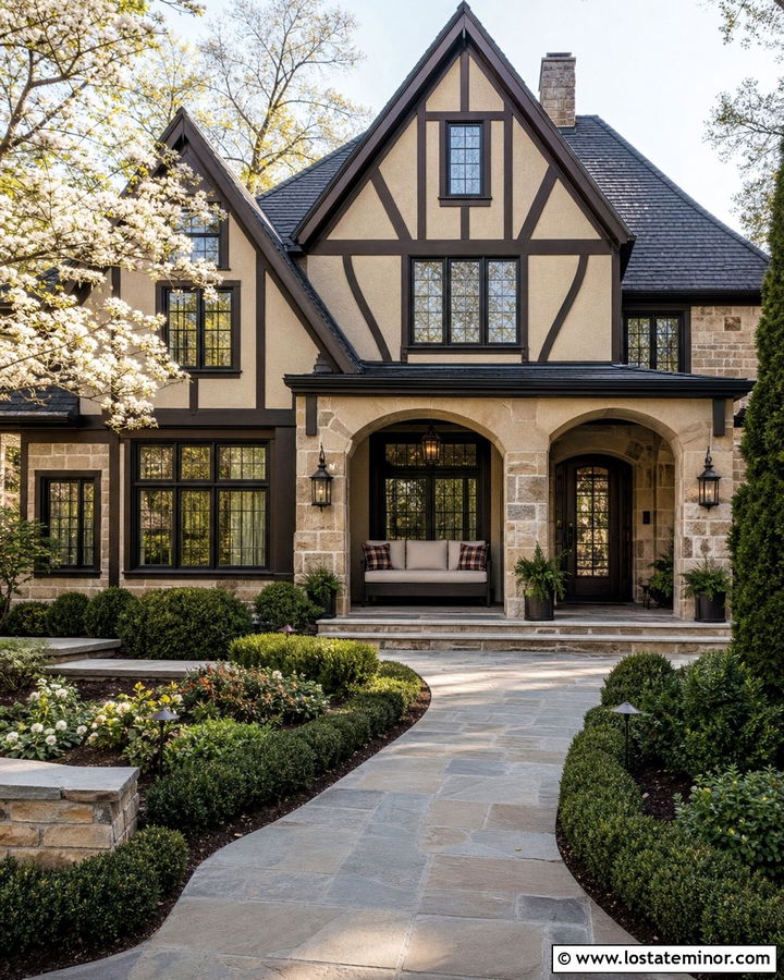 Tan Tudor House With Dark Wood Daybed - 30 Tan House Design With Daybed Ideas