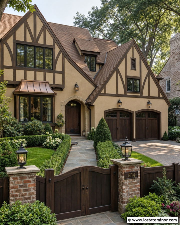 Tan Tudor House With Dark Wood Fence - 30 Tan House Design With Fence Ideas