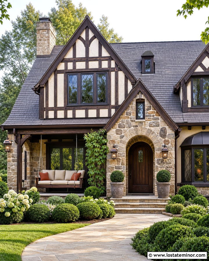 Tan Tudor House With Dark Wood Swing - 30 Tan House Design With Swing Ideas