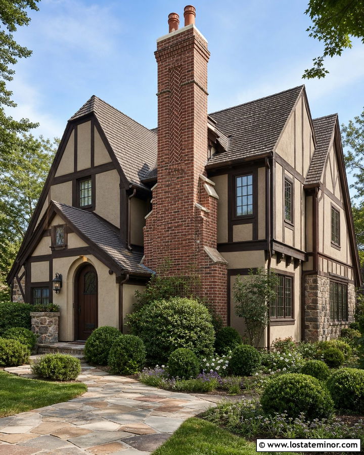 Tan Tudor House With Decorative Brick Chimney - 30 Tan House Design With Chimney Ideas