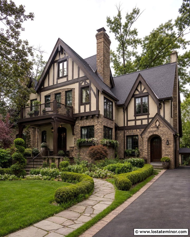 Tan Tudor House With Espresso Deck - 30 Tan House Design With Deck Ideas