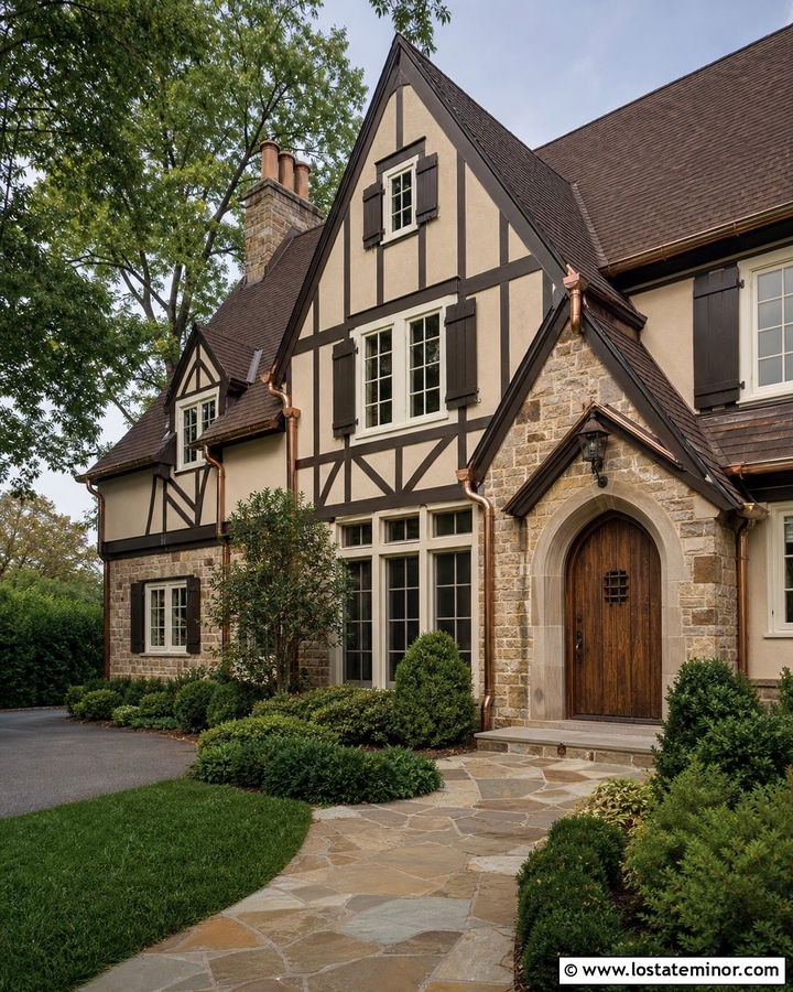 Tan Tudor House With Espresso Shutters - 30 Tan House Design With Shutters Ideas