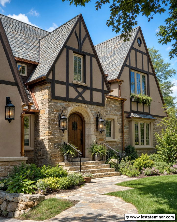 Tan Tudor House With Medieval Lanterns - 30 Tan House Design With Light Fixtures Ideas