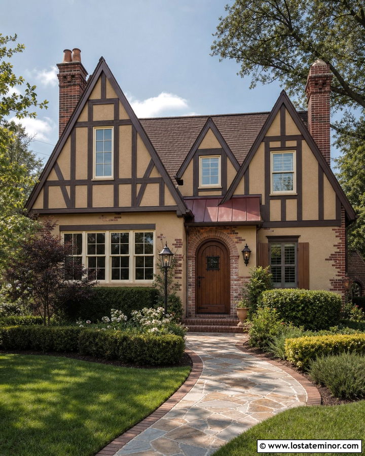 Tan Tudor House With Red Metal Awning - 30 Tan House Design With Awning Ideas