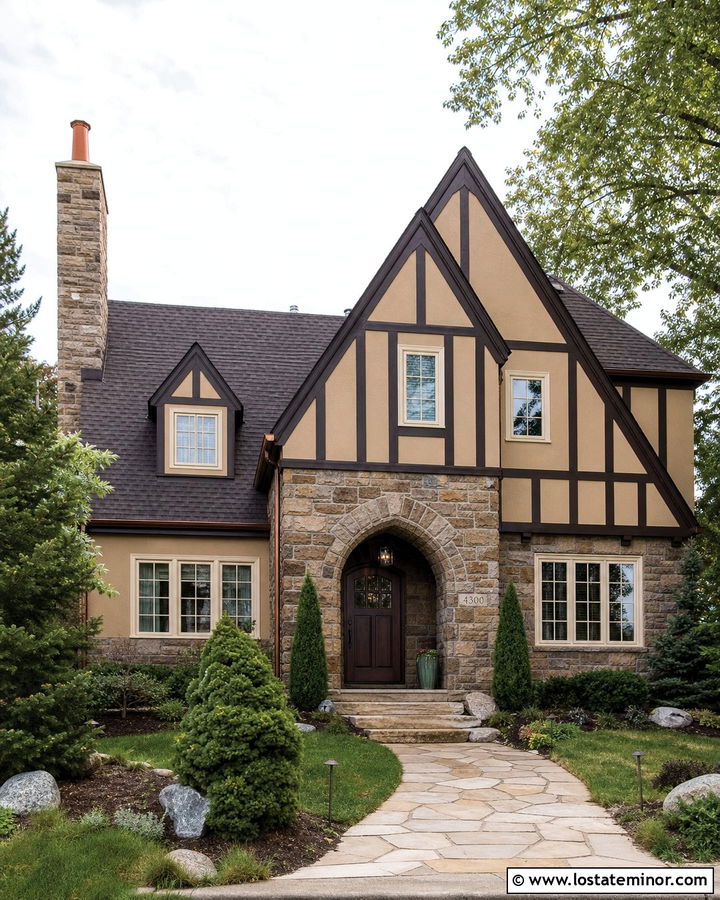 Tan Tudor House With Rustic Stone - 30 Tan House Design With Stone Accents Ideas