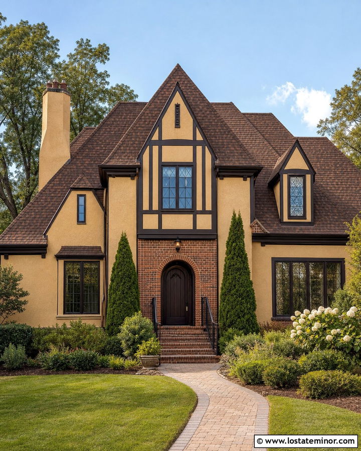 Tan Tudor House With Stucco Dormers - 30 Tan House Design With Dormers Ideas