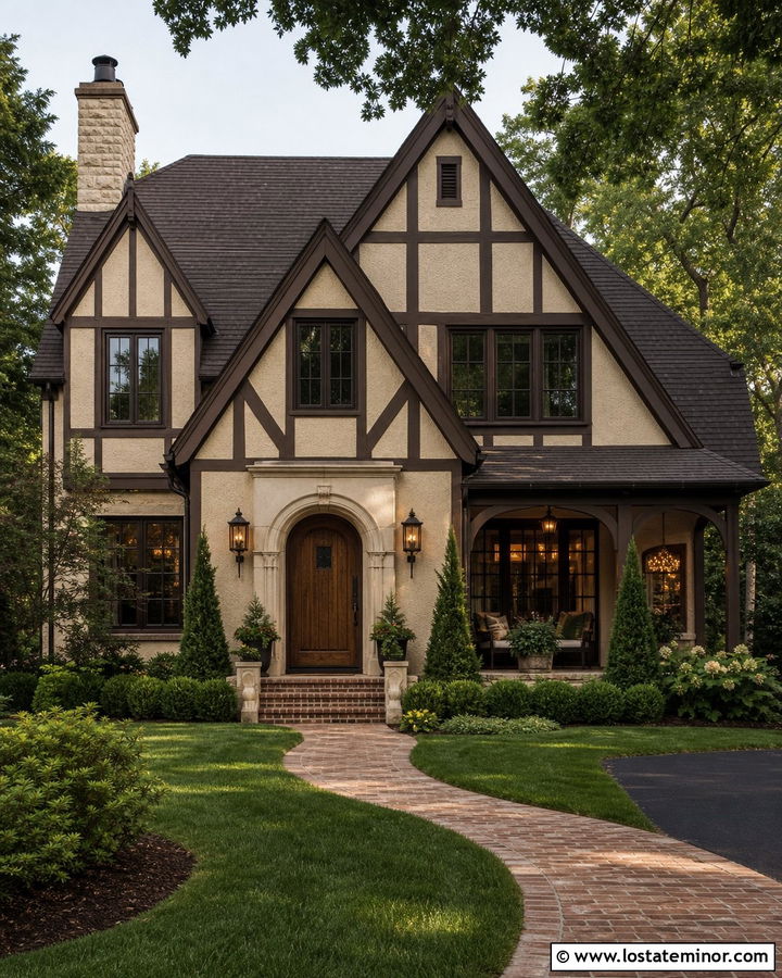 Tan Tudor With Dark Brown Porch Ceiling - 30 Tan House Design With Porch Ceiling Ideas