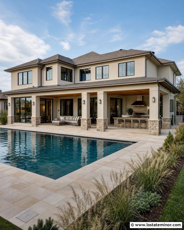 Tan Two Story House With Covered Patio Pool - 30 Tan House Design With Swimming Pool Ideas