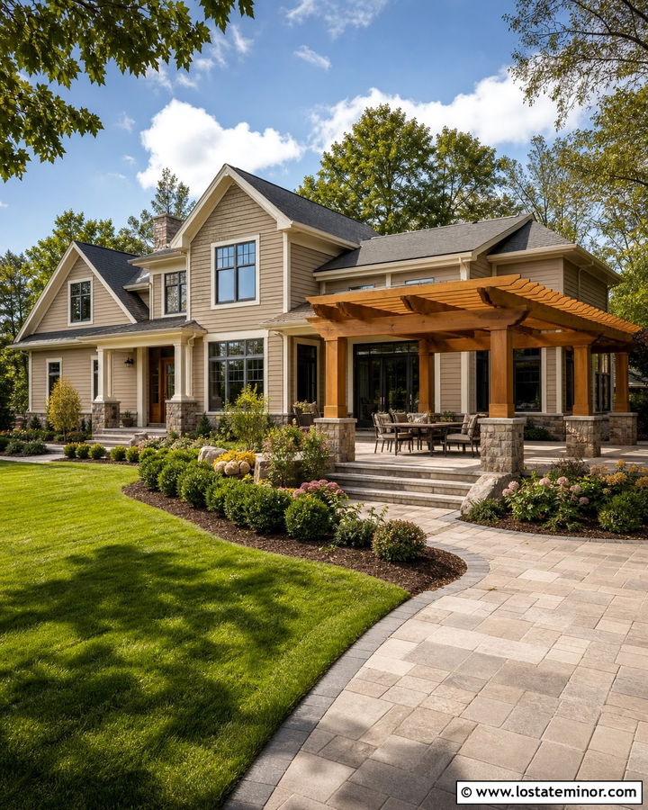 Tan Two Story House With Patio Pergola - 30 Tan House Design With Pergola Ideas
