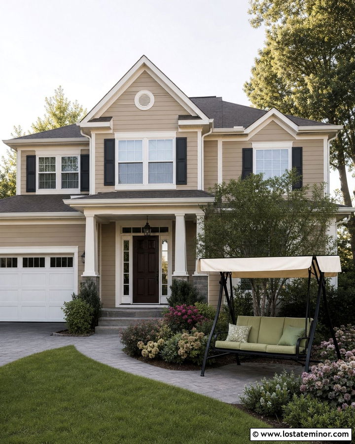 Tan Two Story House With Patio Swing - 30 Tan House Design With Swing Ideas