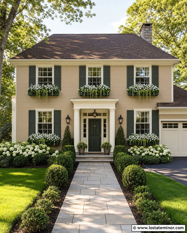Tan Two Story House With Tiered Window Boxes - 30 Tan House Design With Window Boxes Ideas