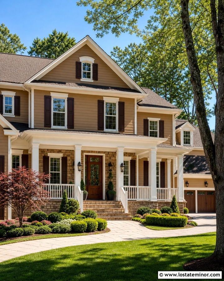 Tan Two Story House With Warm White Porch Ceiling - 30 Tan House Design With Porch Ceiling Ideas