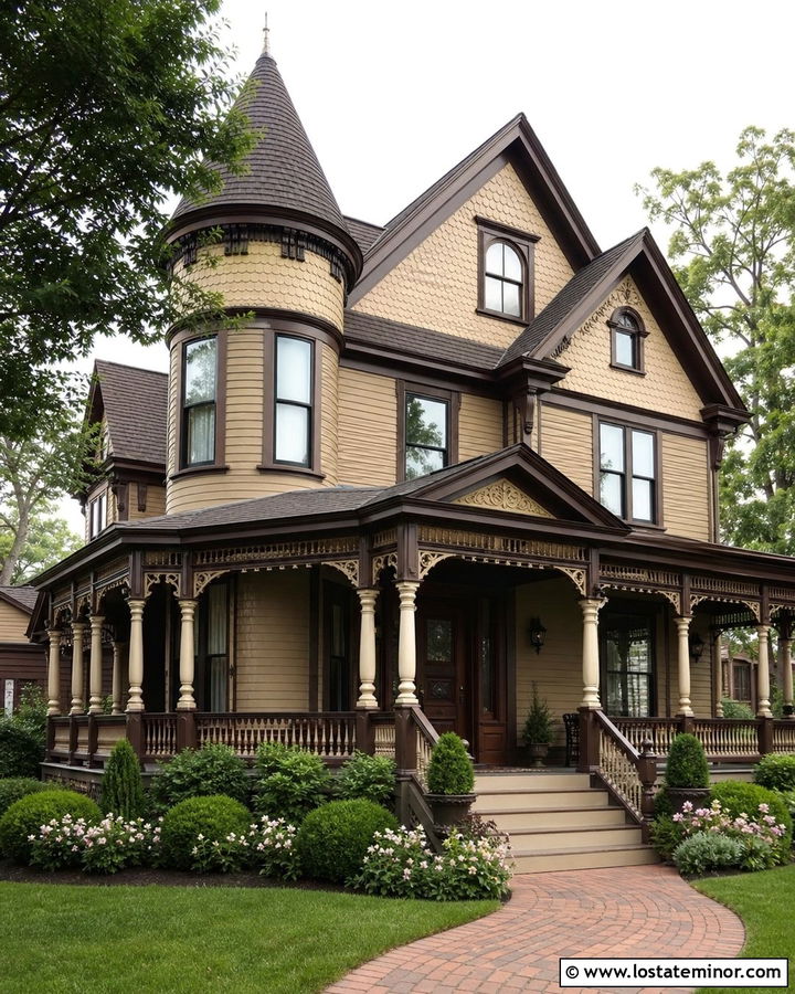 Tan Victorian House With Brown Porch Trim - 30 Tan House Design With Front Porch Ideas