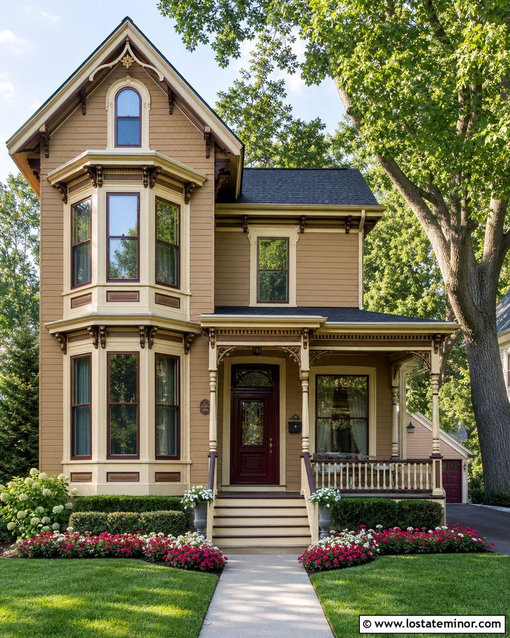 Tan Victorian House With Burgundy Storm Door - 30 Tan House Design With Storm Door Ideas