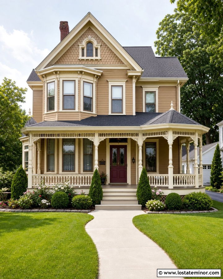 Tan Victorian House With Cream Deck - 30 Tan House Design With Deck Ideas