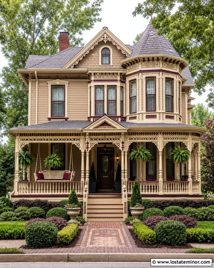 Tan Victorian House With Decorative Swing - 30 Tan House Design With Swing Ideas