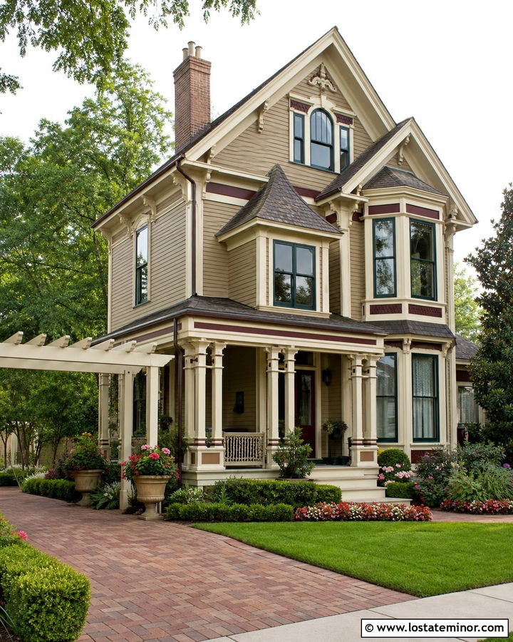 Tan Victorian House With Painted Pergola - 30 Tan House Design With Pergola Ideas