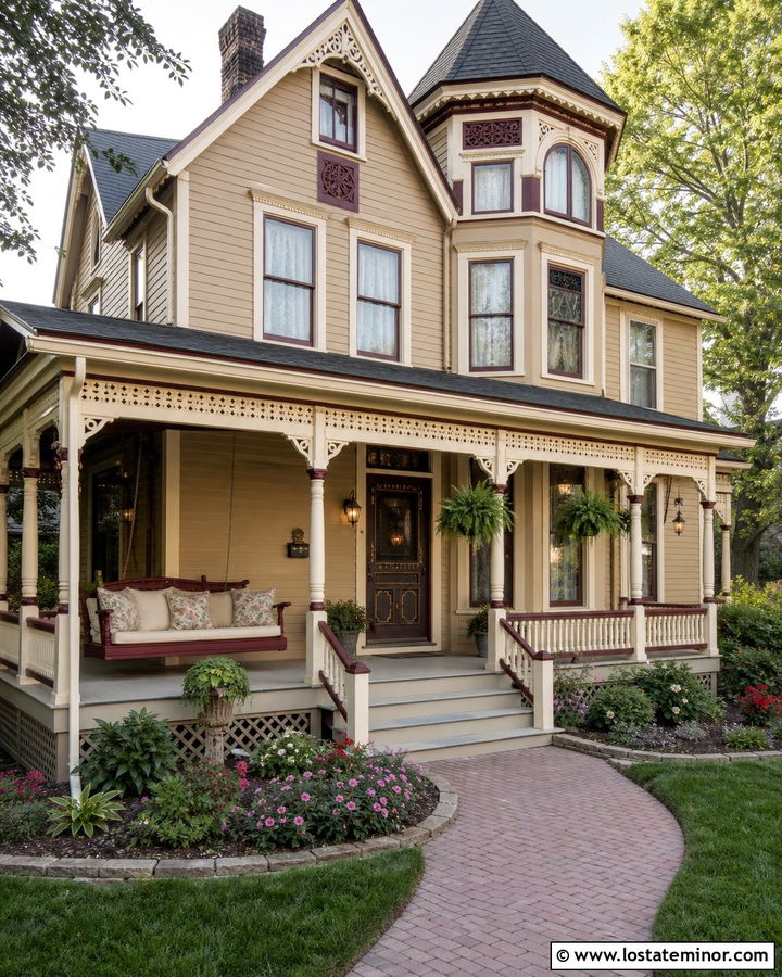 Tan Victorian House With Painted Porch Daybed - 30 Tan House Design With Daybed Ideas
