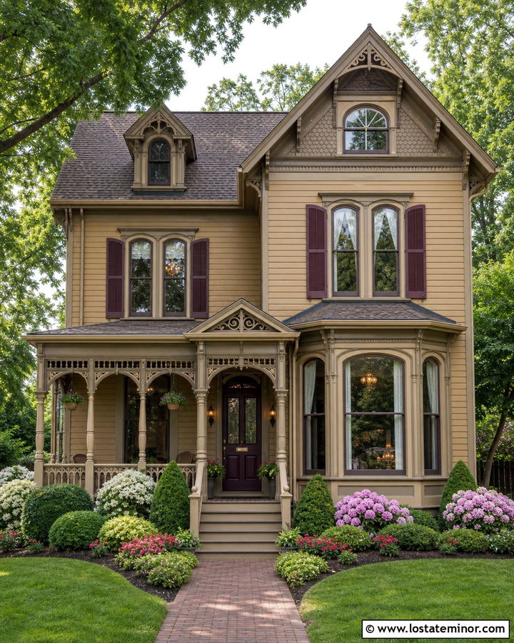Tan Victorian House With Plum Shutters - 30 Tan House Design With Shutters Ideas