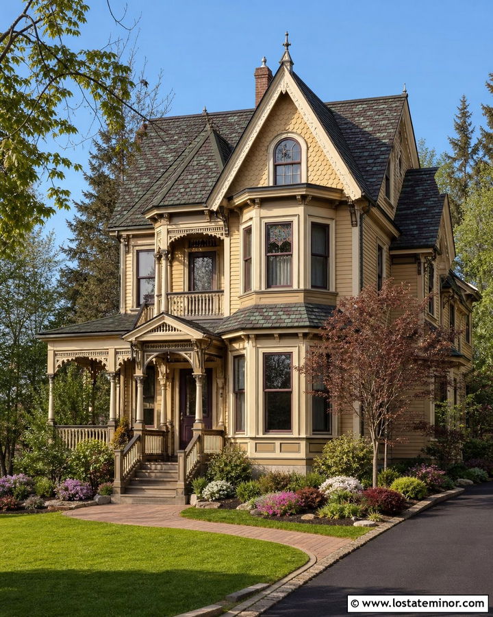 Tan Victorian House With Slate Blend Shingles - 30 Tan House Design With Shingles Ideas
