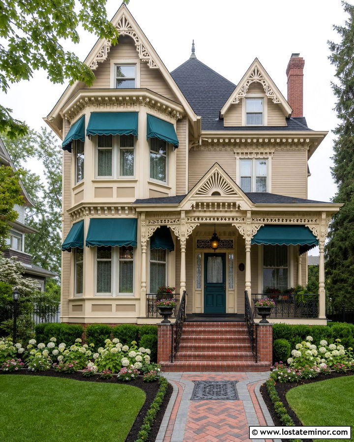 Tan Victorian House With Teal Window Awnings - 30 Tan House Design With Awning Ideas