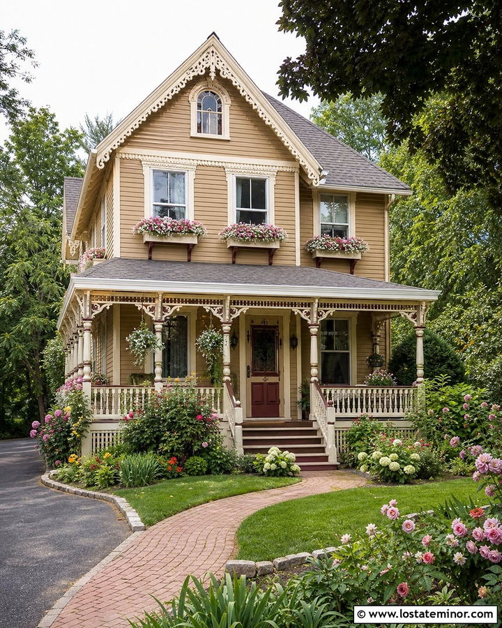 Tan Victorian With Cream Window Boxes - 30 Tan House Design With Window Boxes Ideas