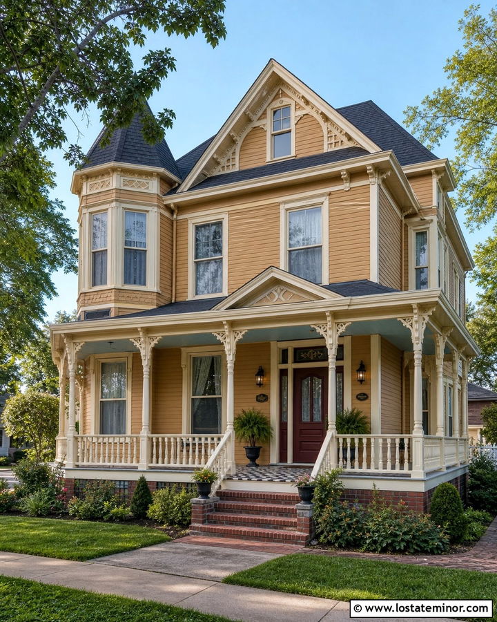 Tan Victorian With Soft Blue Porch Ceiling - 30 Tan House Design With Porch Ceiling Ideas