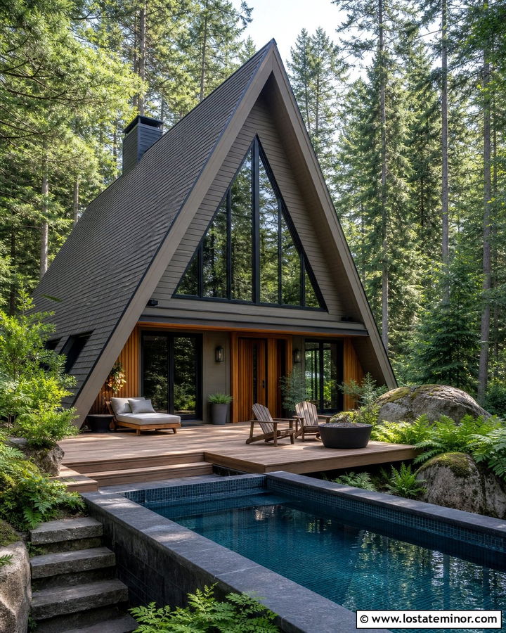 Taupe A Frame House With Forest Pool - 30 Taupe House Design With Swimming Pool Ideas